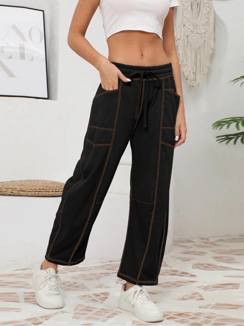 Amazon Black Wide-Leg Barrel Drawstring Pants with Brown Contrast Stitching